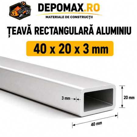 Teava rectangulara aluminiu 40 x 20 x 3 mm, 6 metri (EN AW-6060)
